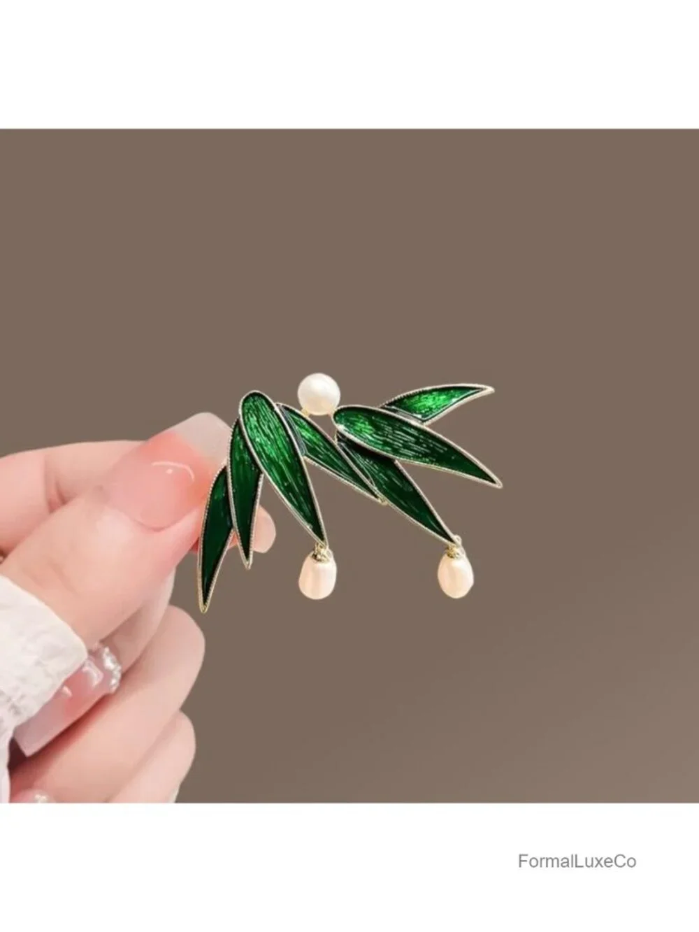 Vintage Bamboo Leaf Pearl Enamel Brooch Elegant Lightweight Lapel Pin Bridal